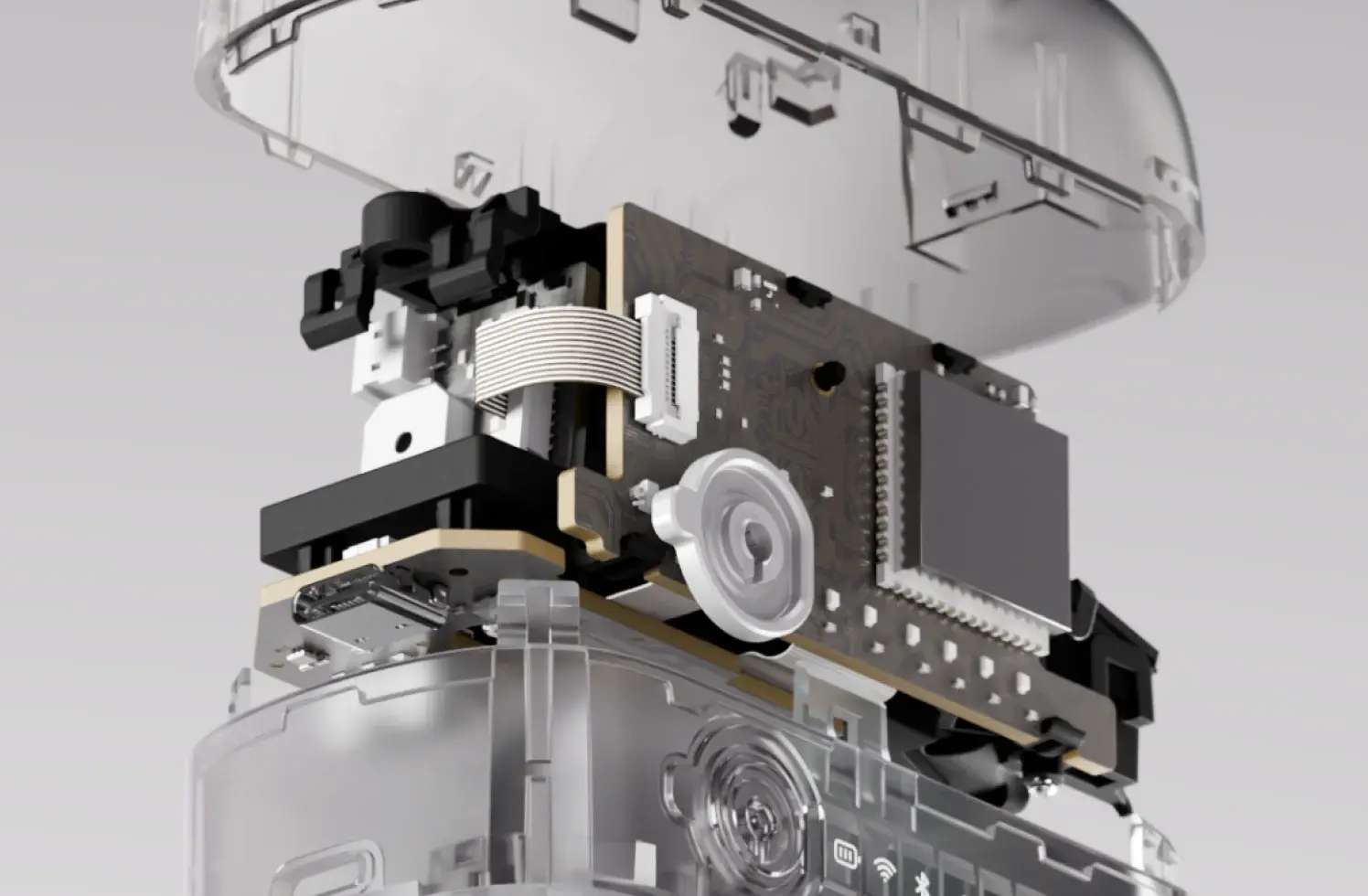 Exploded view of the Inito Fertility Monitor's latest and current wireless reader showing the internal components, including sensor-based dual signal detection system