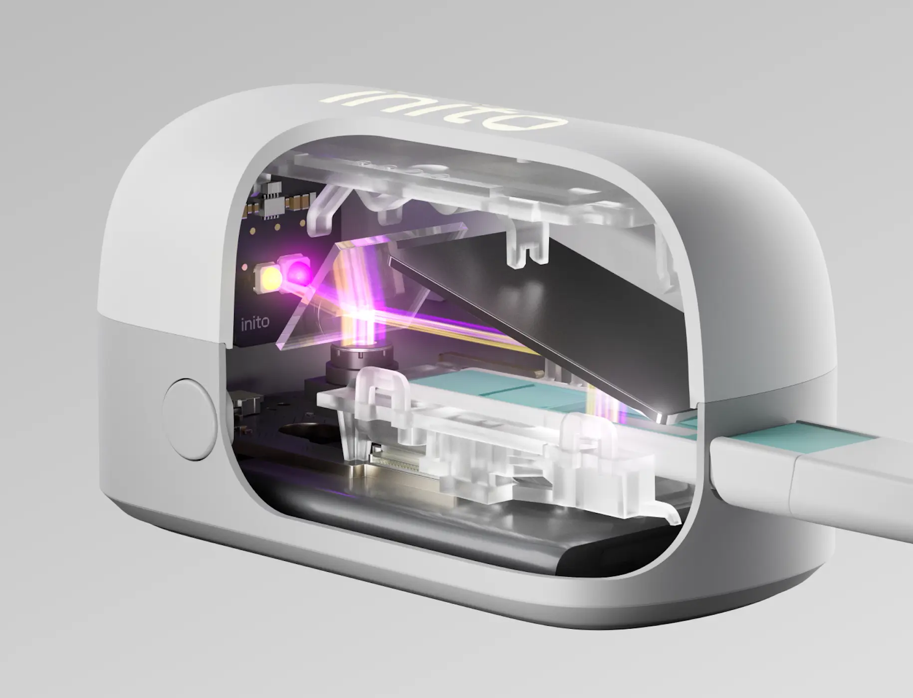 Exploded version of the Inito Fertility Monitor's standalone wireless reader showing the dual signal detection system