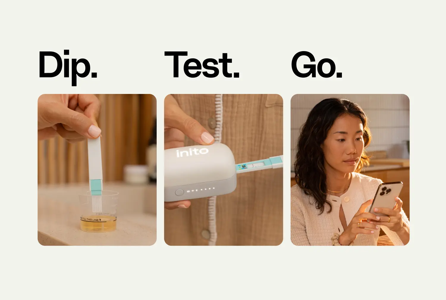 Testing process showing Fertility Strip dipping, inserting into the Inito Fertility Monitor's standalone wireless reader, and checking results on the phone